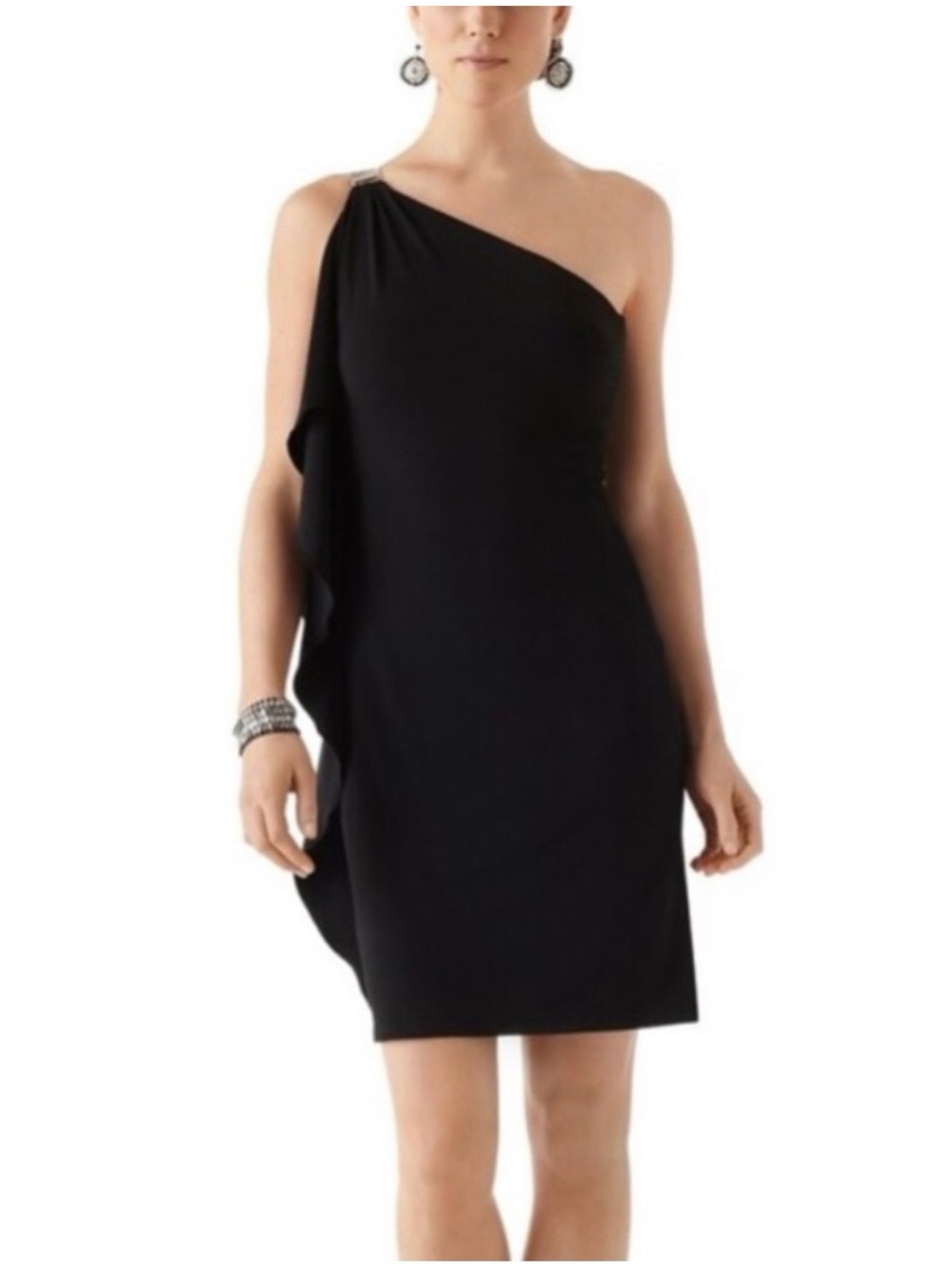 White House Black Market Black One-Shoulder Ruffle Shift Dress medium